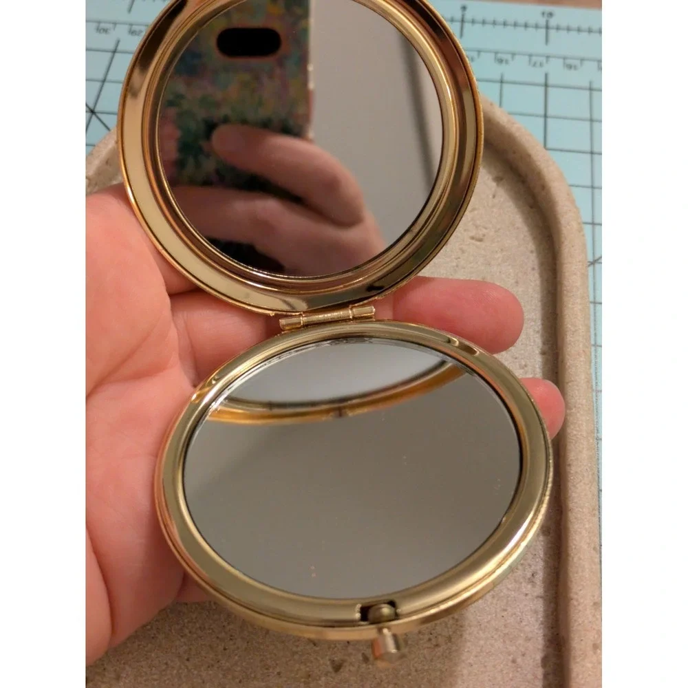 Gold Tone Mirror Compact With Owl  & Rhinestones Purple Cabachon Glossy